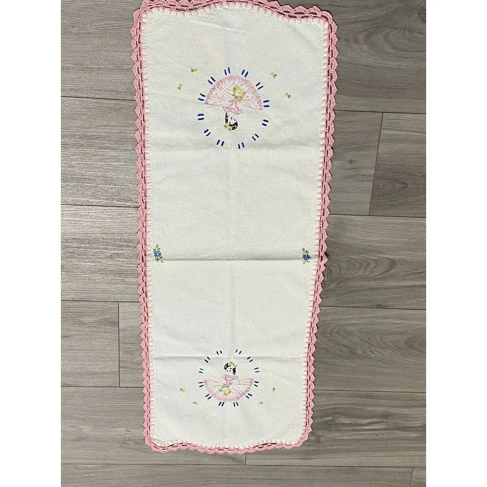 Vtg. Table Runner W/ Girl- Pink Hand Embroidered Cotton 14 X 36”
